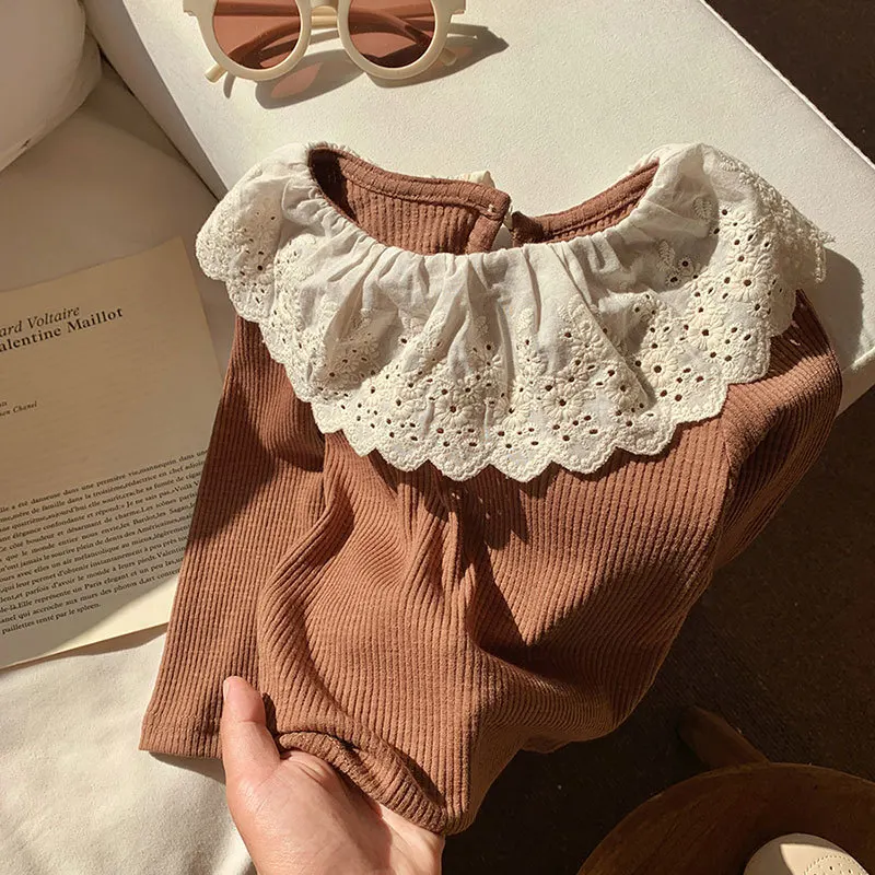 2-8T Toddler Kid Girl Lace Top Baby Clothes Spring Infant T Shirt Long Sleeve Tshirt Cotton Cute Sweet Childrens Outfit