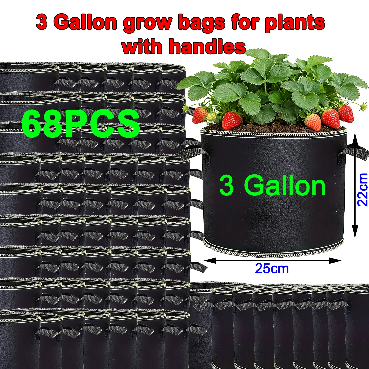 

68 Pcs 3 Gallon Strawberry Grow Bags for Plants with Handles Garden Accessories Vegetable Plant Bags for Growing Flower Pot