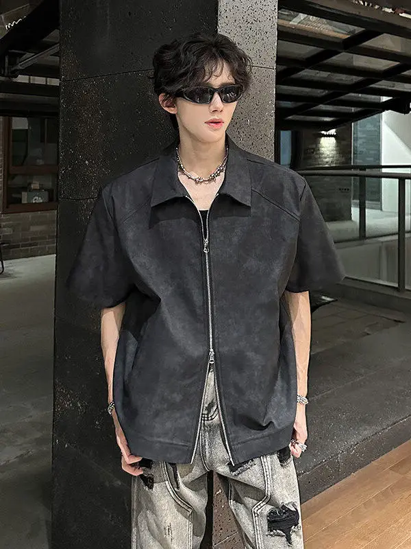 White Dyed Short Sleeve Shirt Men's Design Summer Shoulder Double Zipper Jacket Short American Style Shirt Youth Casual Wear