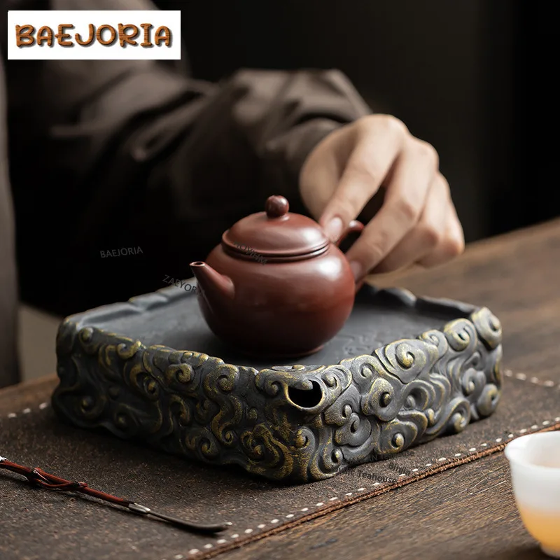 BAEJORIA Old Rock Mud Auspicious Cloud Square Pot Bearing Holder Gaiwan Support Water Storage Dry Soaking Table Tea Tray Teaset