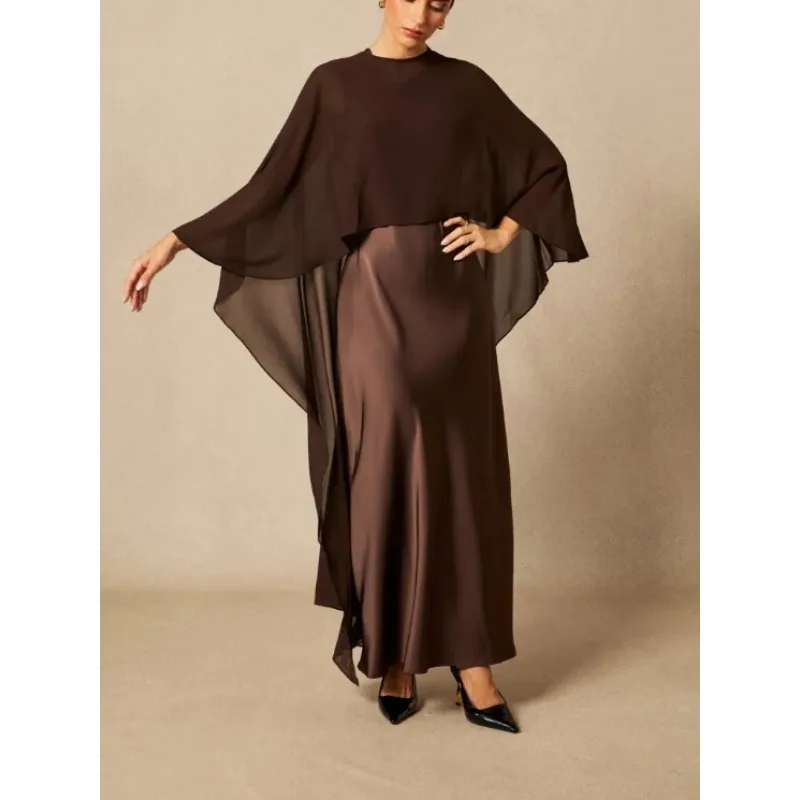 Tuhle malha retalhos vestidos de cetim para mulher 2026 vintage capa-manga de duas peças pura sobreposição festa à noite vestido longo 196141