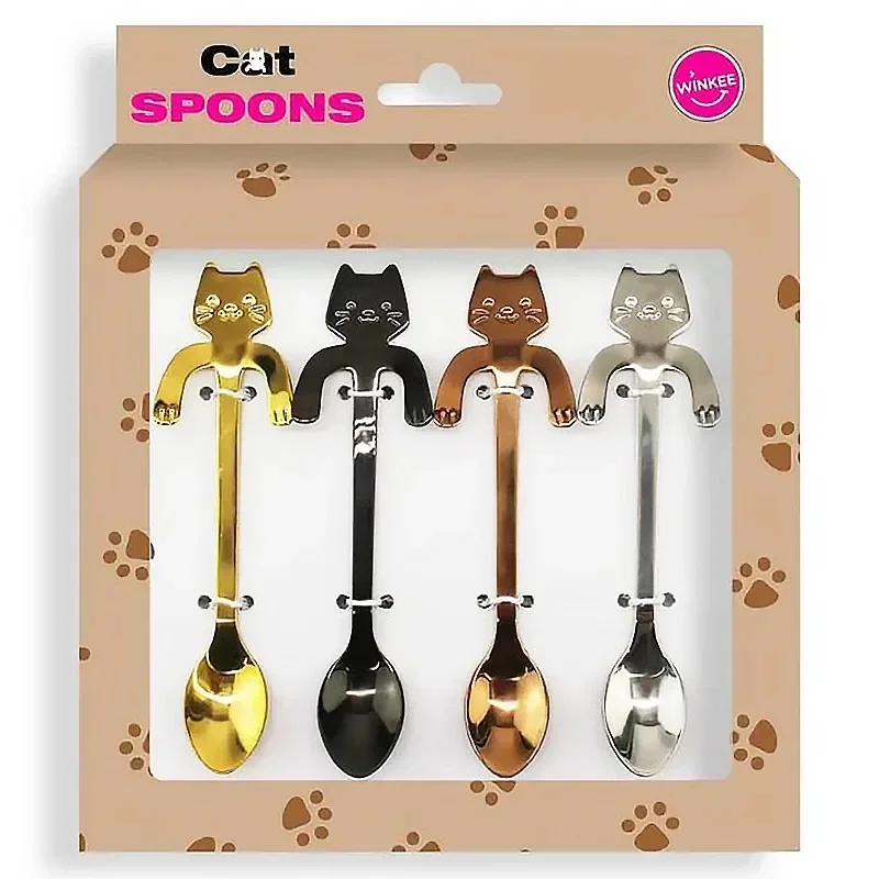 4pcs Stainless Steel Cute Cat Spoons Coffee Tea Ice Cream Teaspoons Spoon Dessert Snack Scoops Home Flatware Kitchen Accessories