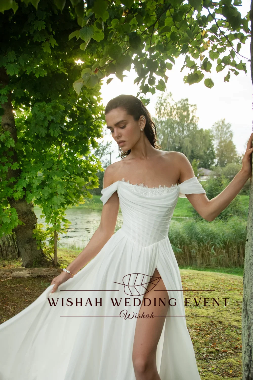 Wishah Customized Strapless Off-the-shoulder Pleated High Forked Lace-up A-line Long Dress Bridal Gown for Wedding Party 2027