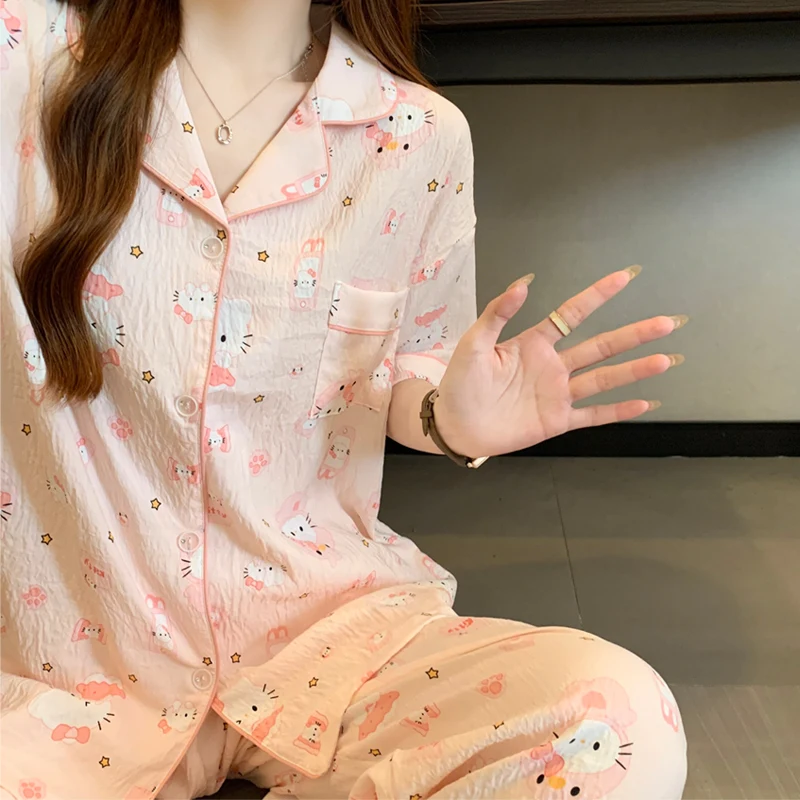 Летние брюки с короткими рукавами, милые повседневные пижамы KT с рисунком кота, женский комплект домашней одежды