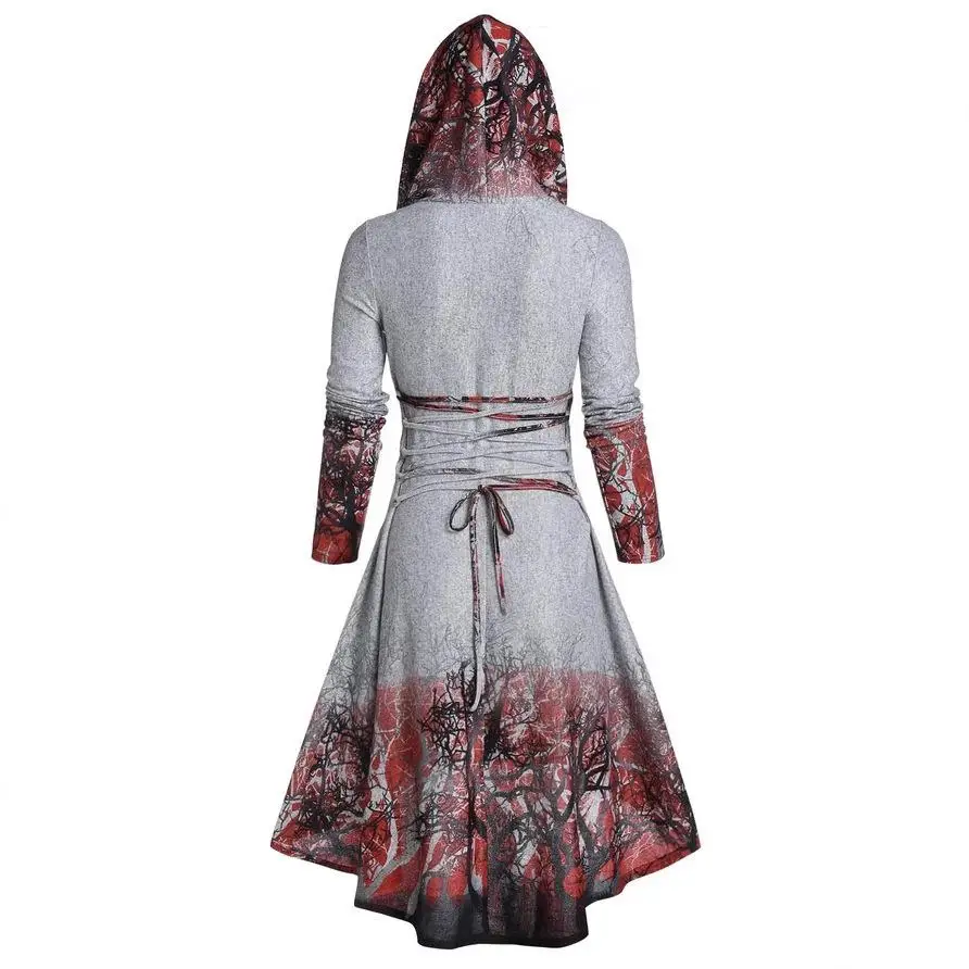 Trendy Large Size Women's Long Sleeve Hooded Asymmetrical Dress Tree Pattern Print Belted mid Waist Polyester Spring Autumn