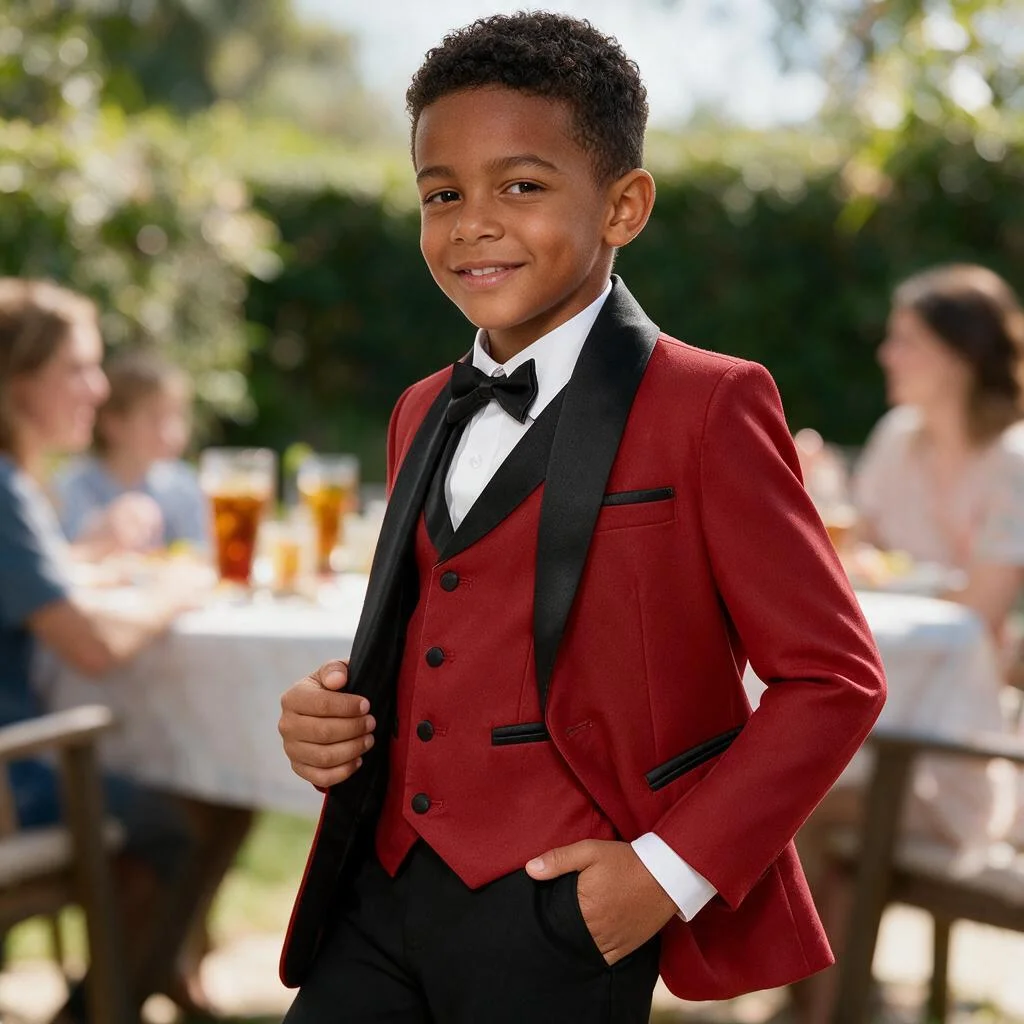 Boys Formal Suit Red 3 Pieces Jacket Pants Vest Kids Wedding Party Blazer Ring Bearer Custom Outfit