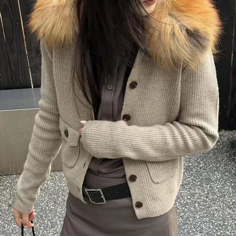 

Женский шерстяной кардиган с воротником из красного лисьего меха в стиле пэчворк, повседневный универсальный трикотаж, высококачественный топ, Новое поступление 202, весна, y2k