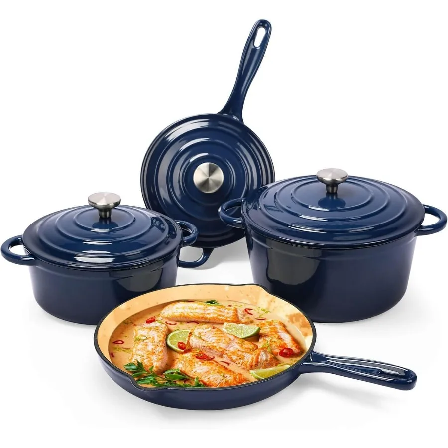 

Enameled Cast Iron Cookware Set 7 Piece Set of Dutch Ovens Sauce Pan Skillet 3 Lids Dutch Oven Set Ceramic Coated Cast Iron Hea