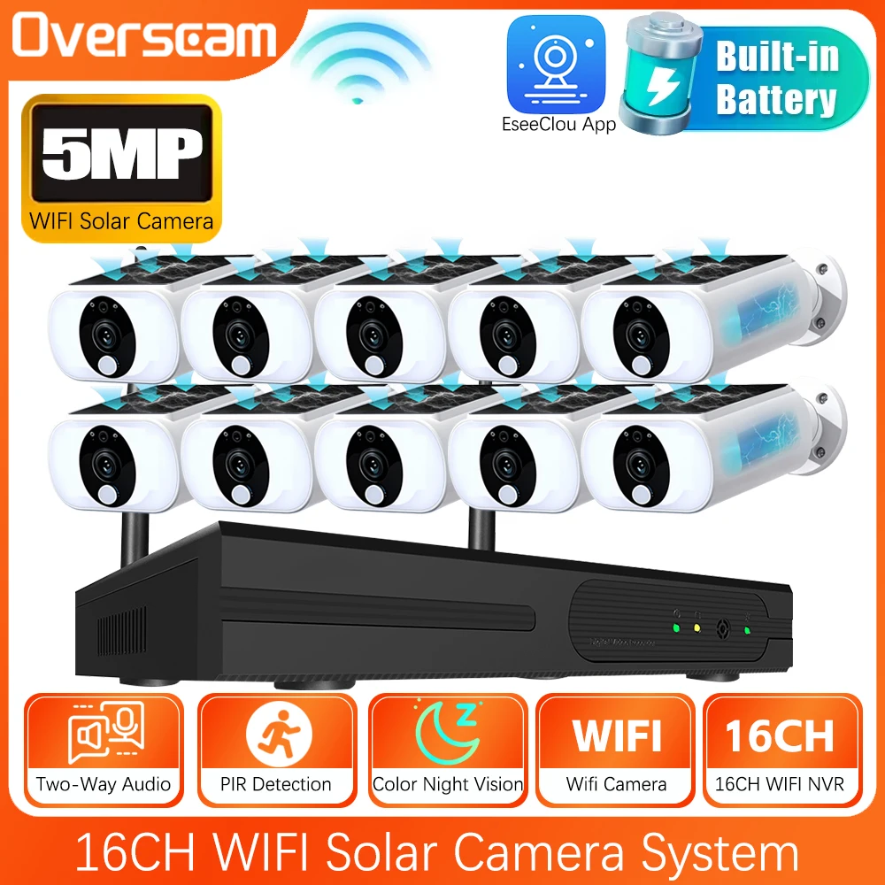 16CH WIFI NVR 5MP Solar Camera System Kit Outdoor WiFi Solar Security Camera Set Integrated Battery EseeCloud IP Pro Flash Alarm