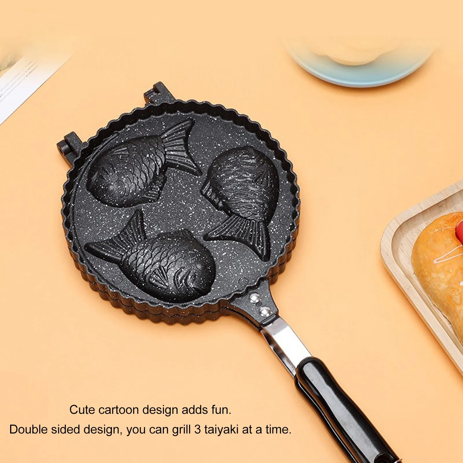 Cute Fish Waffle Maker Pan Double Sided Taiyaki Pan 3 Fish Aluminum Uniform Heating Pan for Home Snack Bars Kitchen Accessories