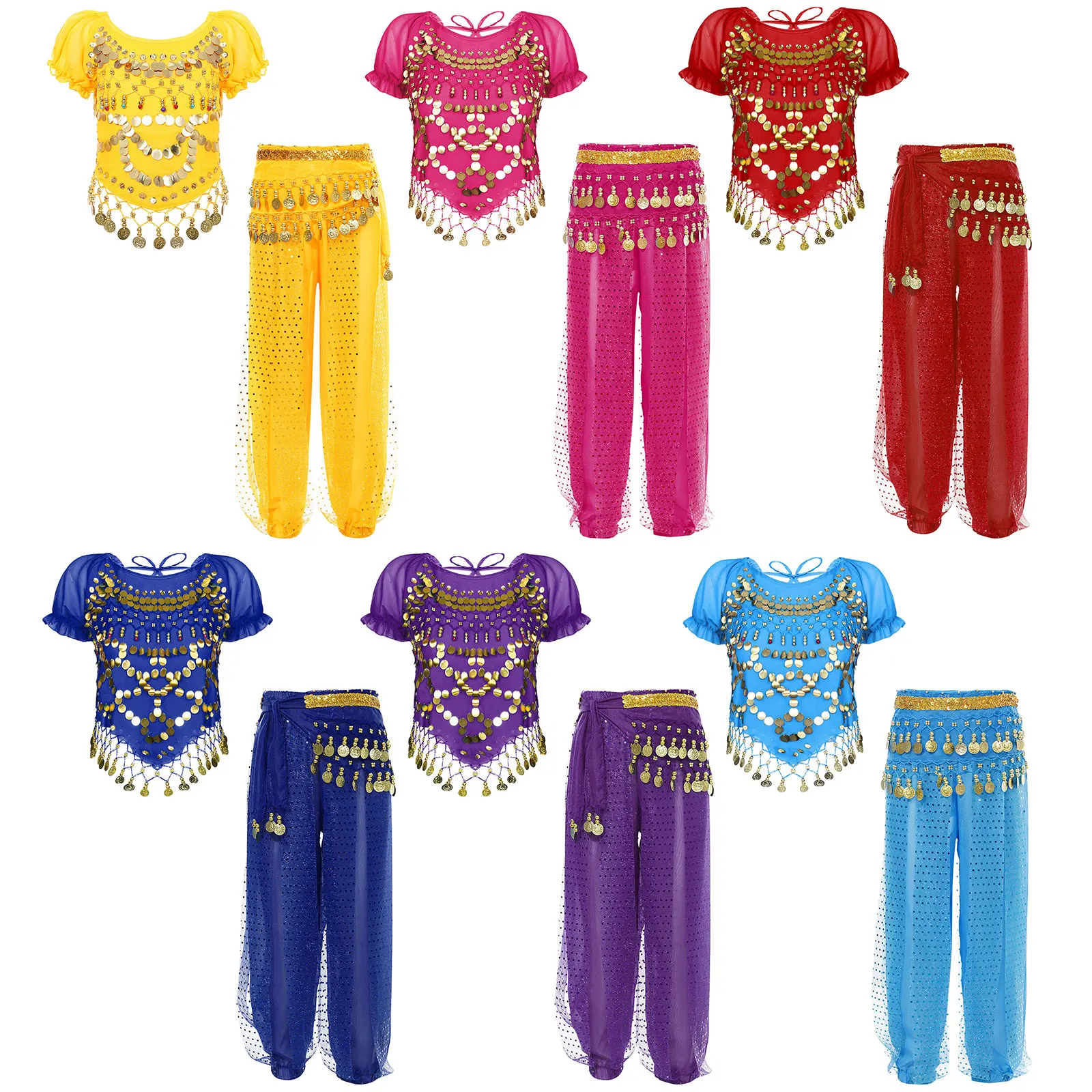 Meisjes Buikdans Kostuum Set Chiffon Kwastjes Crop Top Bloeiers Broek Taille Ketting Indian Dance Performance Dancewear