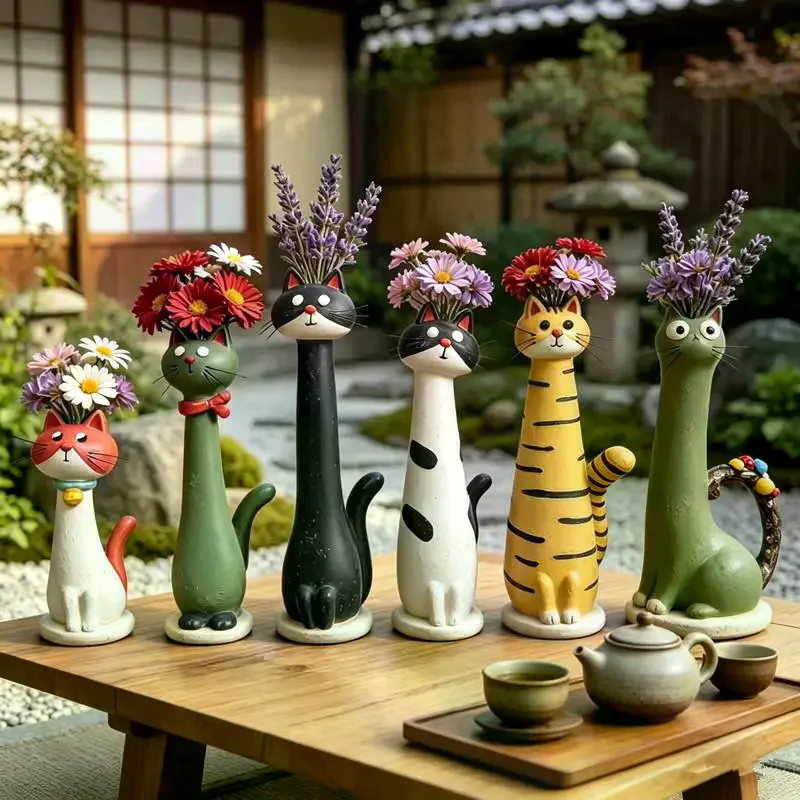 New Cat-Shaped Resin Vase, Cute Long-Necked Cat Flower Arrangement Ornament Home Desktop Floral Decoration Great Gift