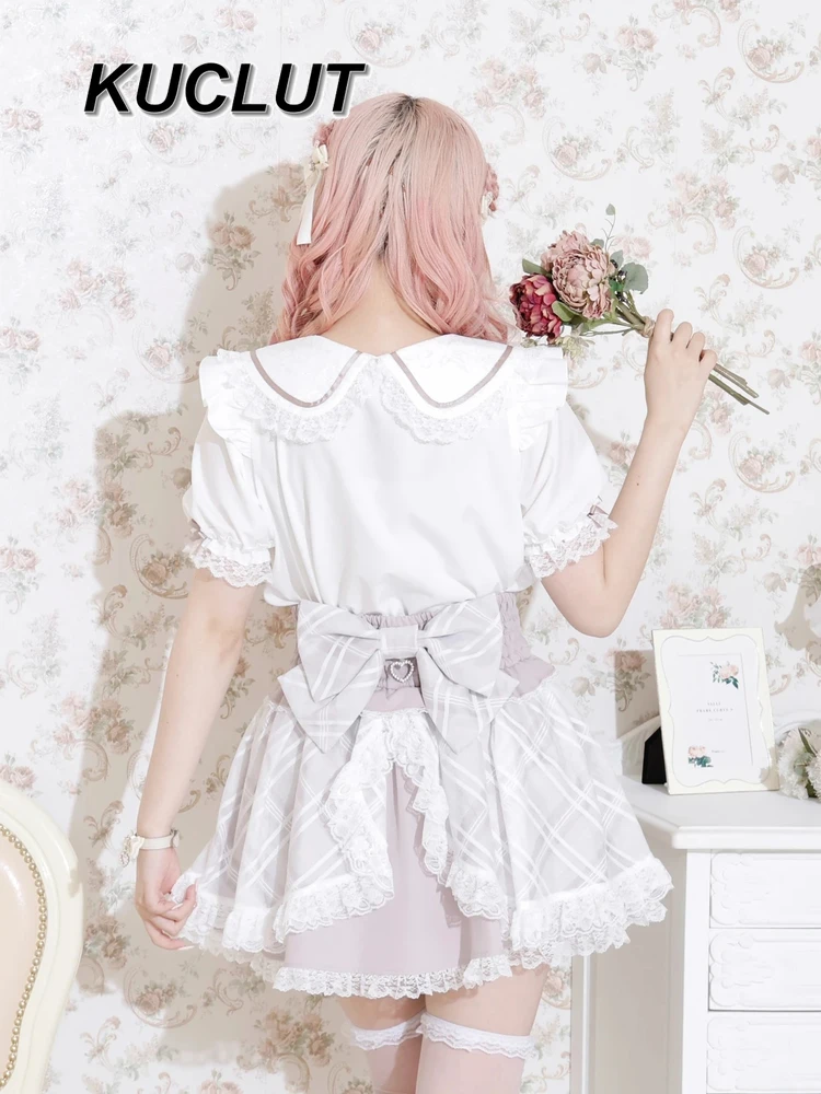 Japan's Original New Sweet and Cute Bow Lace Short-sleeved Shirt Fashion Blusas Femininas Elegantes Women's Tops Summer