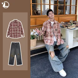 Spring Japanese Mens Set Checkered Single Breasted Fashion Shirt+Distressed Washed Jeans 2-pcs Set Trendy Street Unisex Suit