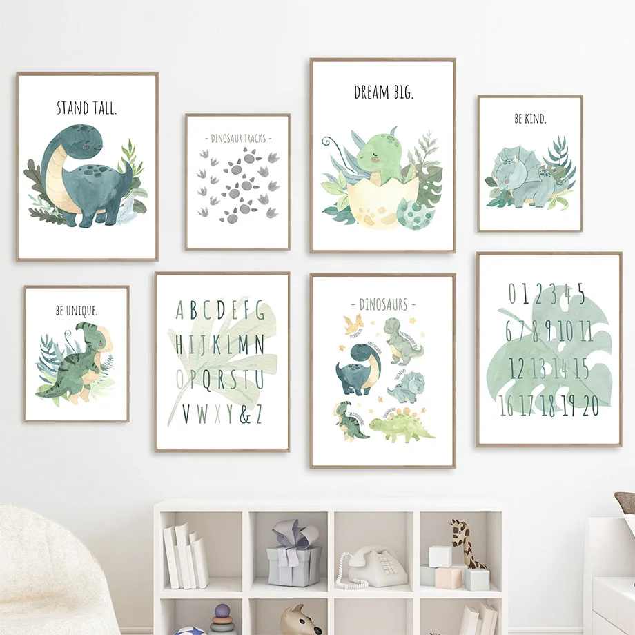 Cartoon Dinosaur Numbers Alphabet Jurassic Dino Nursery Posters Print Canvas Painting Wall Art Picture Baby Kids Room Home Decor