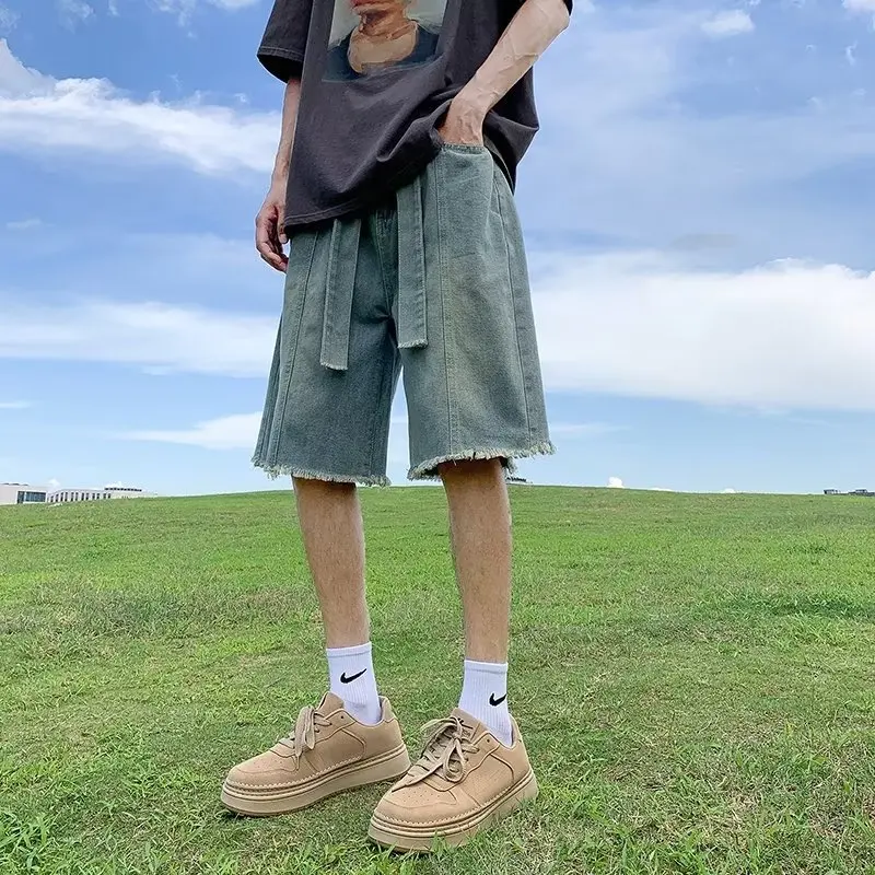 

Classic Men's Heavyweight Functional Workwear Denim orts Trendy Loose Five-Quarter Pants Belt Summer Versatile Straight Leg