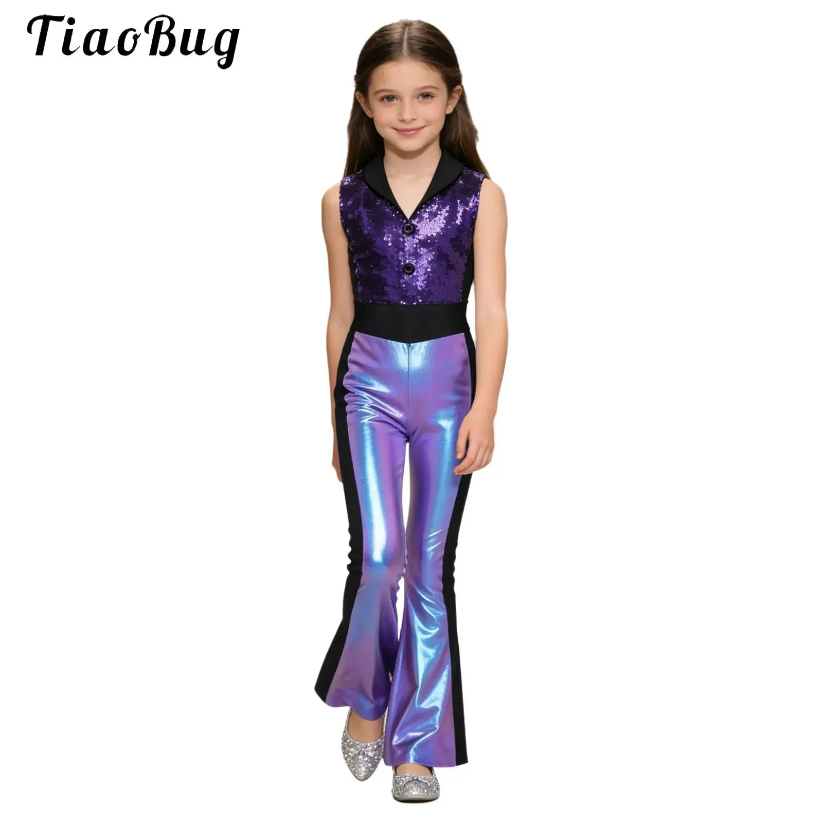 Kids Girls Sleeveless Lapel Sequin Bodice Bell Bottom Flared Jumpsuit Metallic Shiny Rompers Bodysuit Disco Jazz Dance Costumes