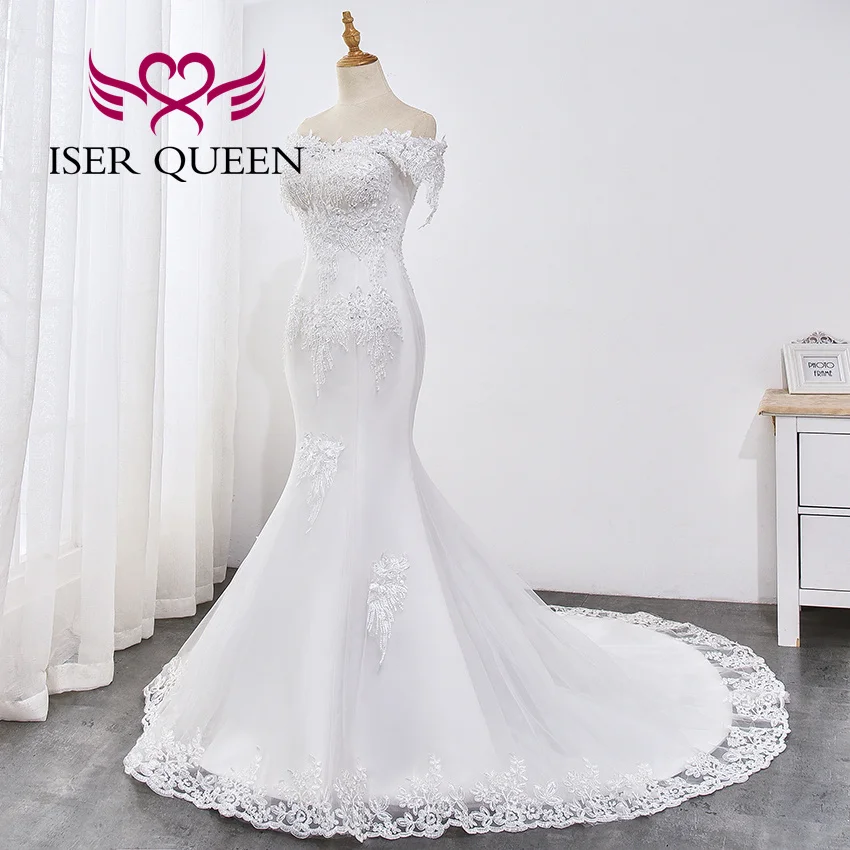 تخصيص الدانتيل يزين بسيط أنيق حورية البحر فساتين الزفاف قبالة الكتف قصيرة الأكمام بالإضافة إلى حجم فستان الزفاف WX0032