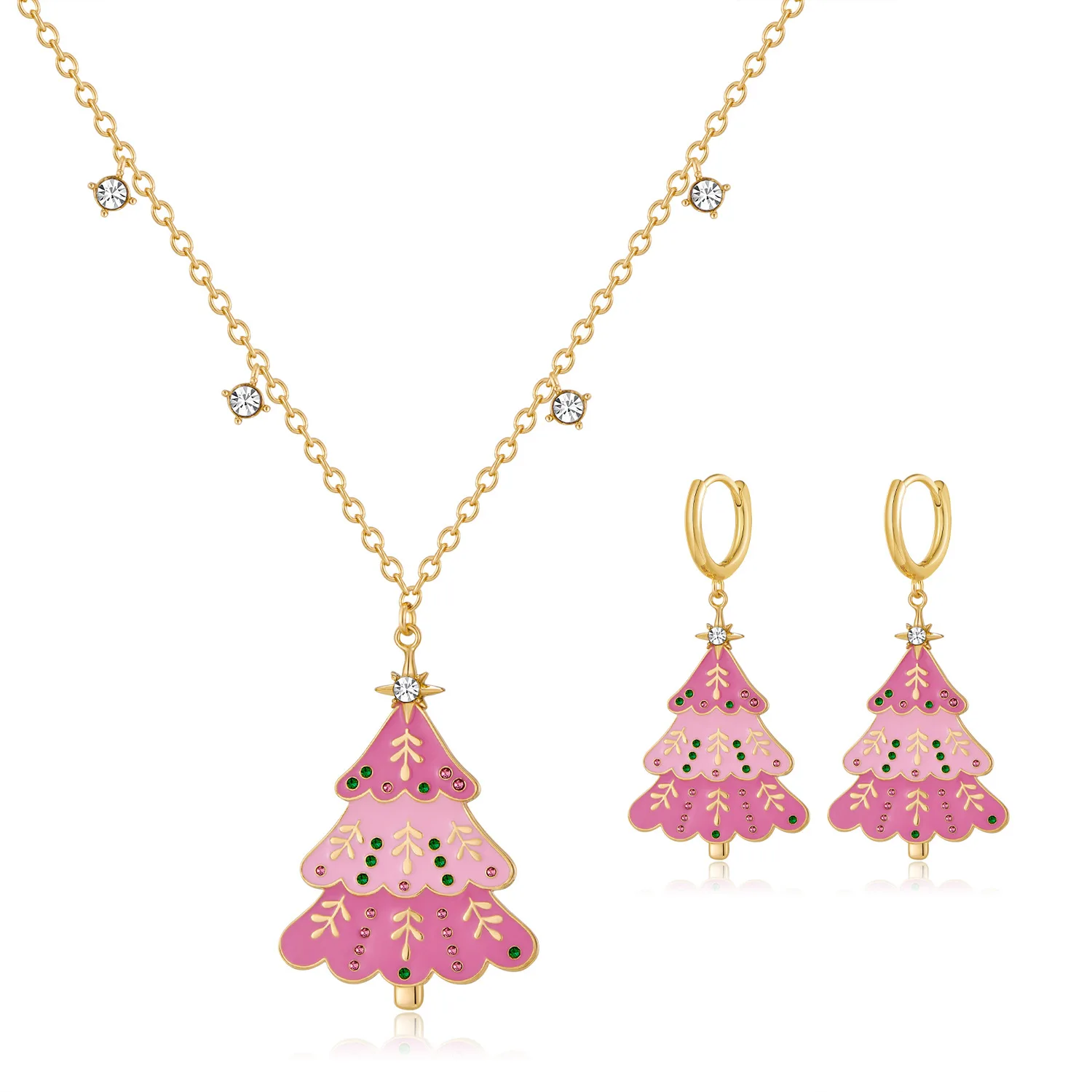 

Women‘s Chic Christmas Tree Shaped Necklace Jewelry Set for Women Colorful Crystal Pink Enamel Earring Christmas Party Holiday