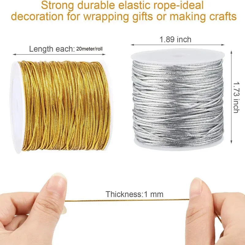 20M/Roll Metallic Elastic Cords Stretch Cord Ribbon 1mm Braided Metallic Tinsel Cord for Jewelry Making Ornament Hanging Decor