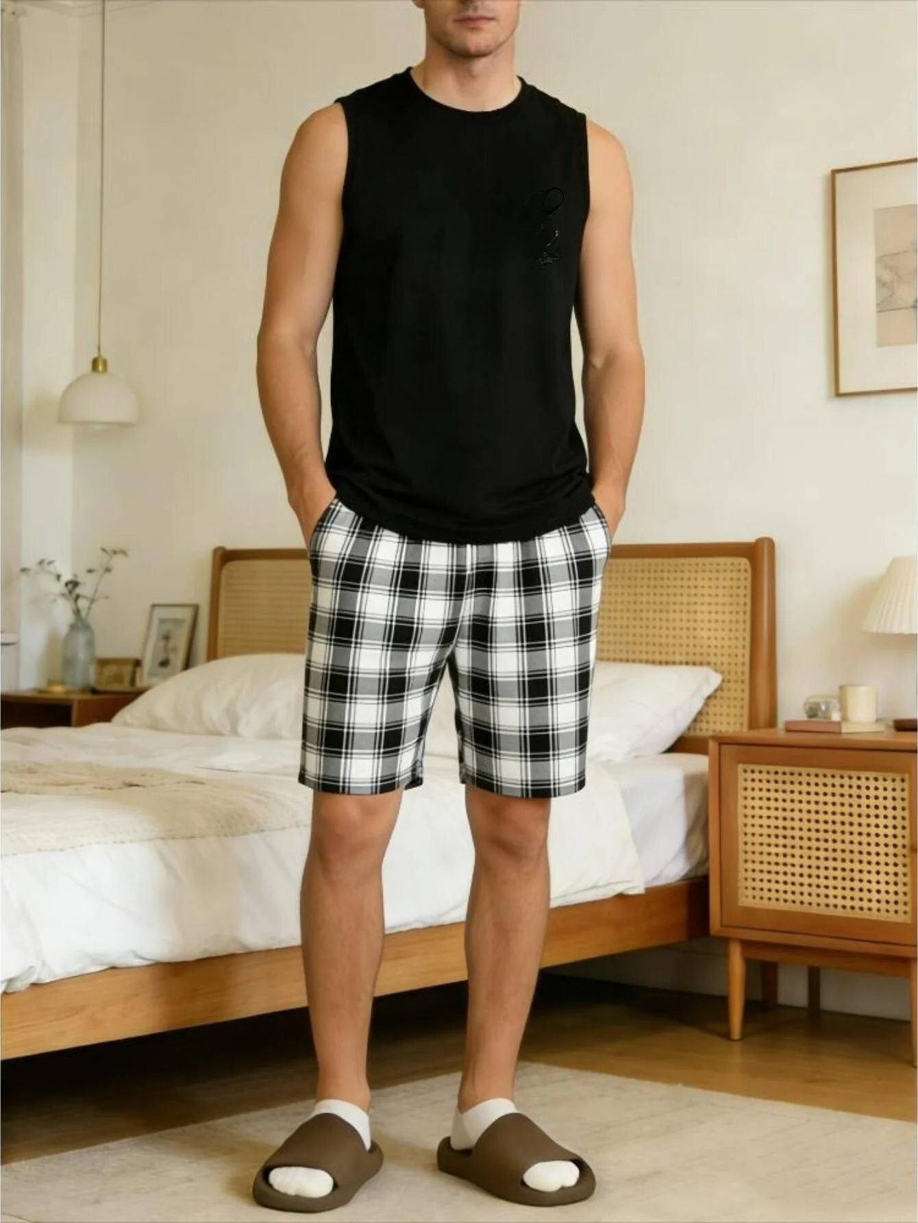 

American-style relaxed sleeveless vest and plaid shorts set, trendy brand daily commuting casual suit