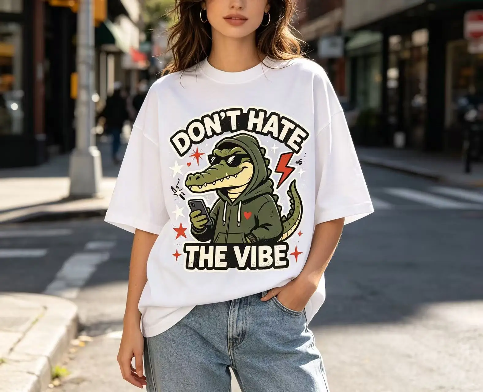 Unisex Don't Hate The Vibe Cool Hooded Crocodile With Sunglasses Cartoon Graphic T Shirt Men Women Trendy Animal Print Oversized Tee