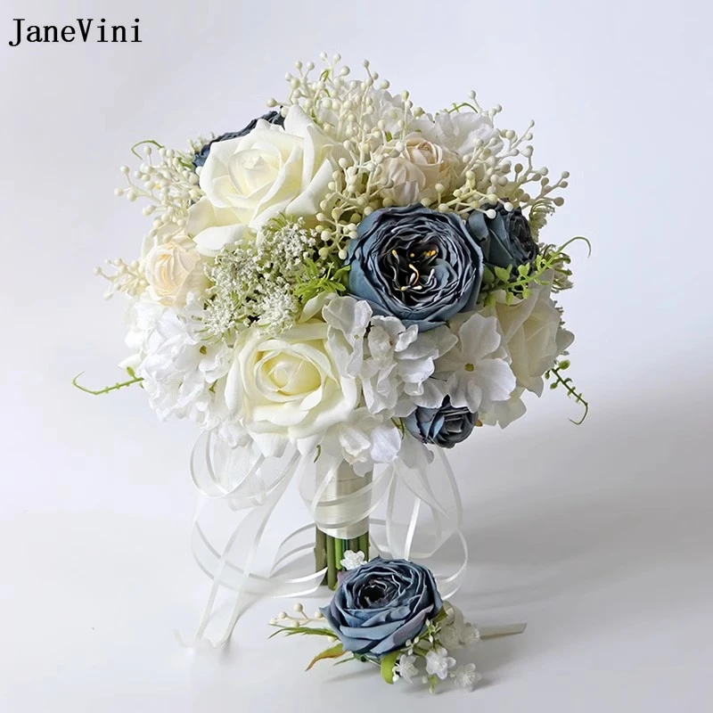 

JaneVini Элегантный корейский свадебный букет синего цвета слоновой кости Свадебные цветы Искусственные шелковые розы Гортензия Невеста Подружка невесты Поддельный букет