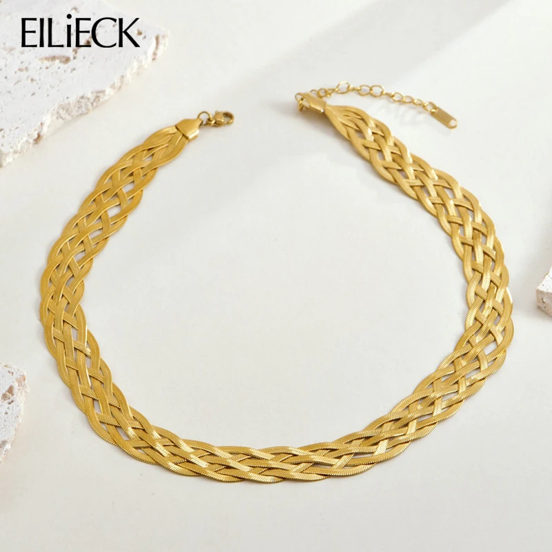 EILIECK New Fashion Stainless Steel Metal Flat Braided Crossover Chain Necklace For Women Trendy Neck Chain Jewelry Lady Gift