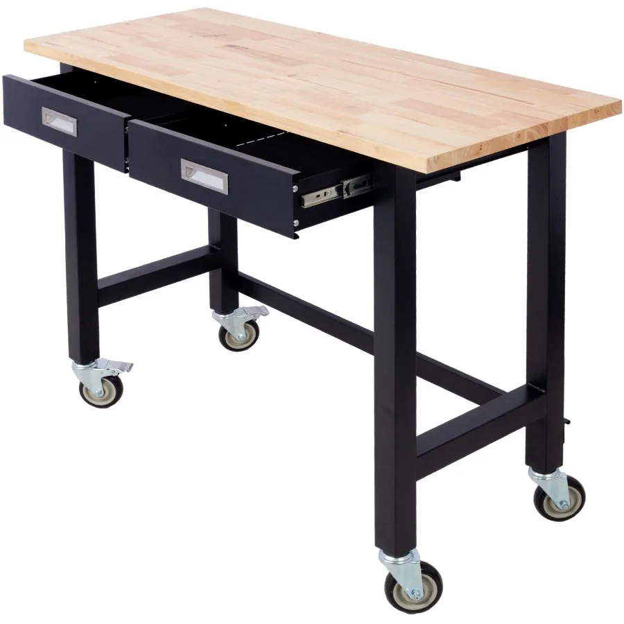 

48in Work Bench Workbench with Drawer Storage Heavy Duty Bamboo Wood Work Table with Wheels for Garage Home Office
