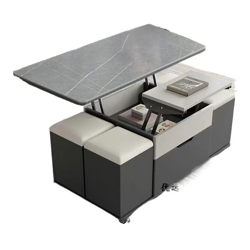 

Rock slab multi-functional small apartment tea set table househole lifting integrated tea table living room storage