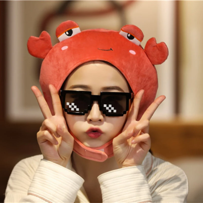 Funny Crab Head Plush Hat Pillow Spot Print Cartoon Animal Stuffed Toy Headgear Cap Cosplay Party Photo Props Cosplay Costume