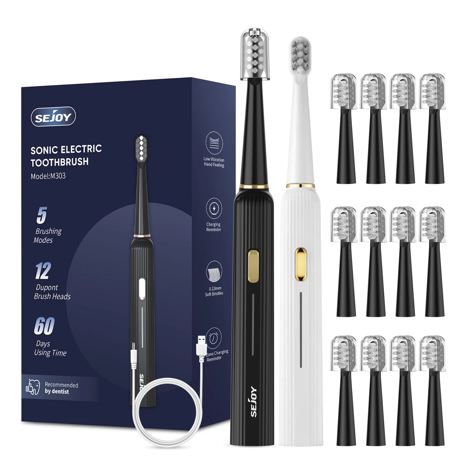 Sejoy Electric Toothbrush with 12 Brush Heads 5 Cleaning Modes ,2 Minutes Built in Smart Timer Sonic Toothbrush