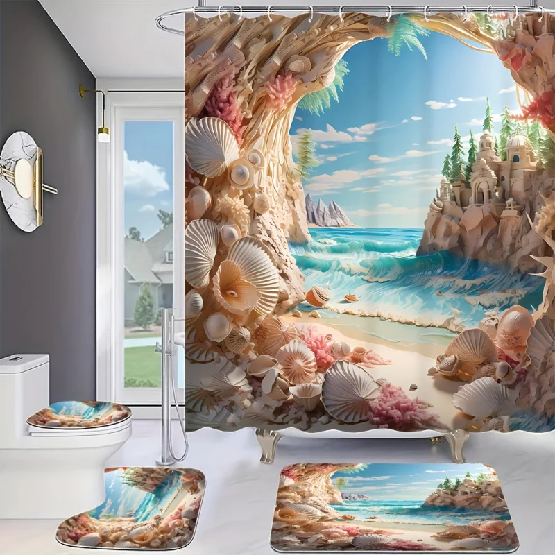 1/4 Shell Ring Valley , Decorative Bathroom Set Including Waterproof Shower Curtain, Non-slip Floor Mat, Toile