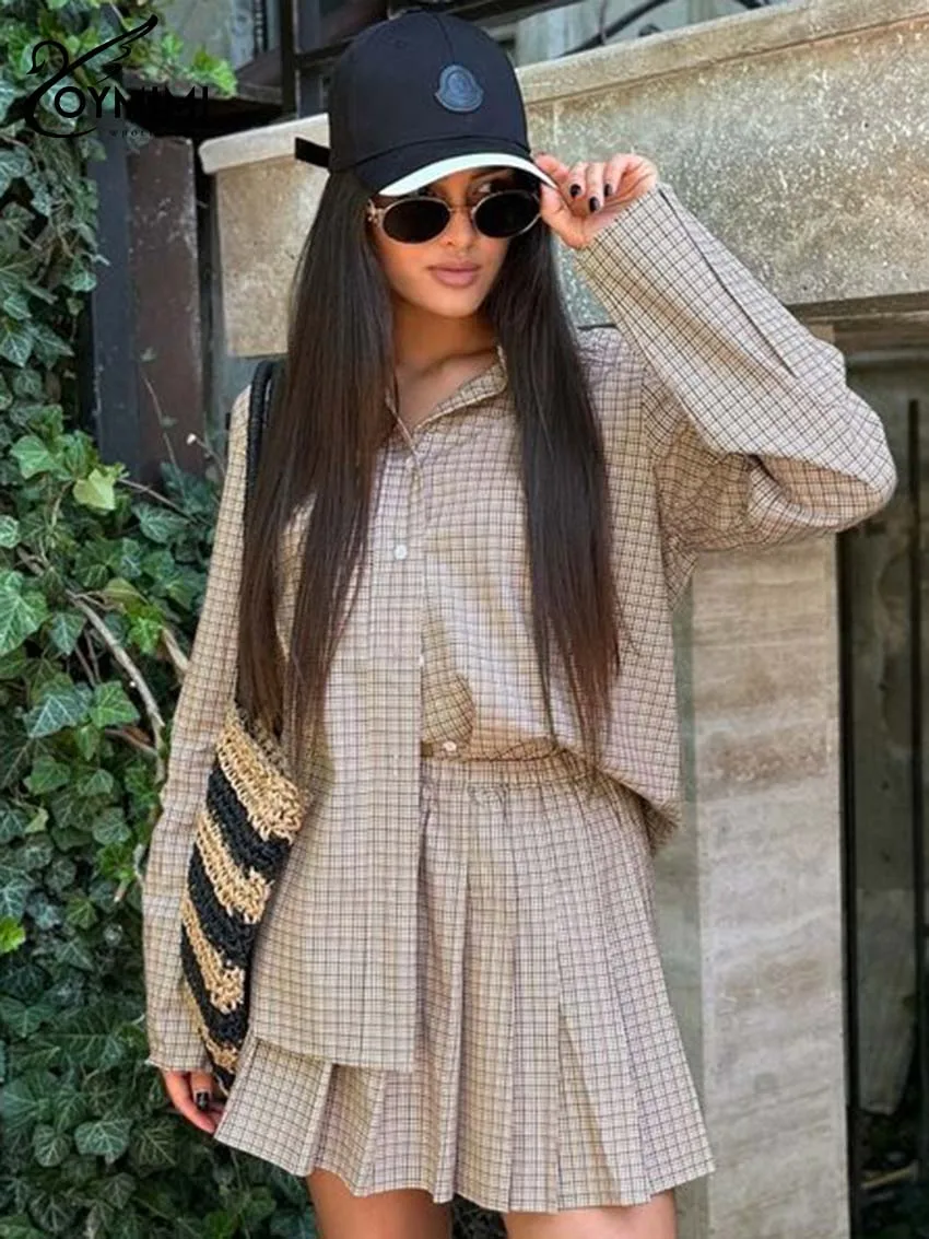 

Oymimi Fashion Khaki Plaid Print Women 2 Piece Set Outfit Elegant Long Sleeve Single Breasted Shirts And Pleated Mini Skirts Set