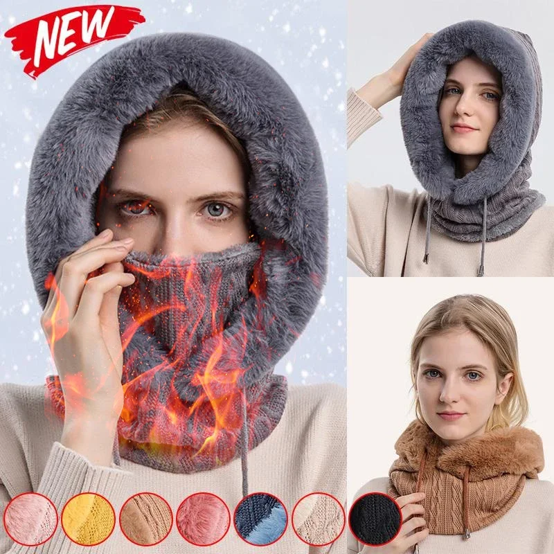 

Winter Fur Cap Mask Set Hooded for Women Knitted Thick Plush Fluffy Beanies Cashmere Neck Warm Russia Outdoor Ski Windproof Hat