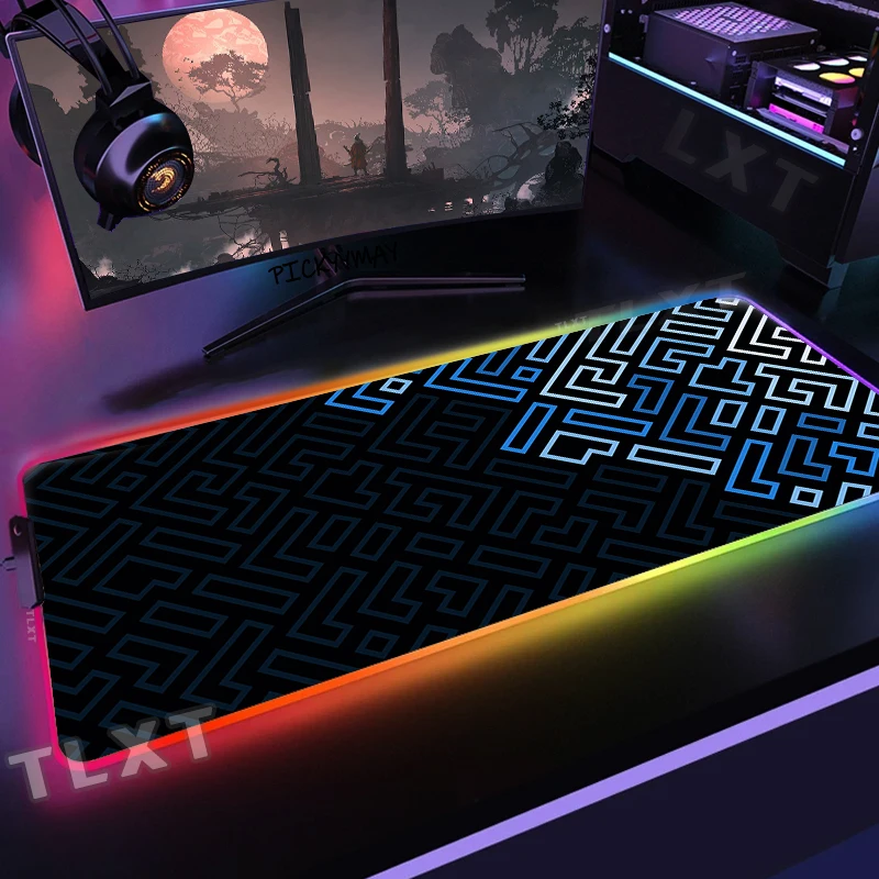 

RGB коврик для мыши, геометрические игровые коврики для мыши, подстилка для мыши, коврик для клавиатуры, Противоскользящий коврик для мыши с минималистичной линией, XXL светящийся Настольный коврик