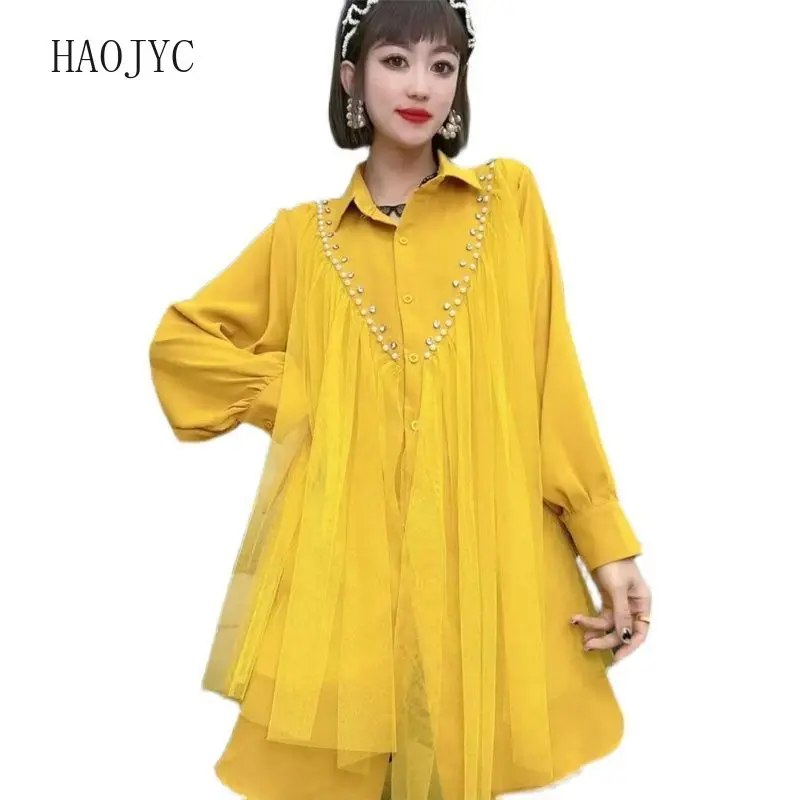 

Fashion irregular mesh stitching heavy industry beaded shirt spring large size high-end loose versatile top