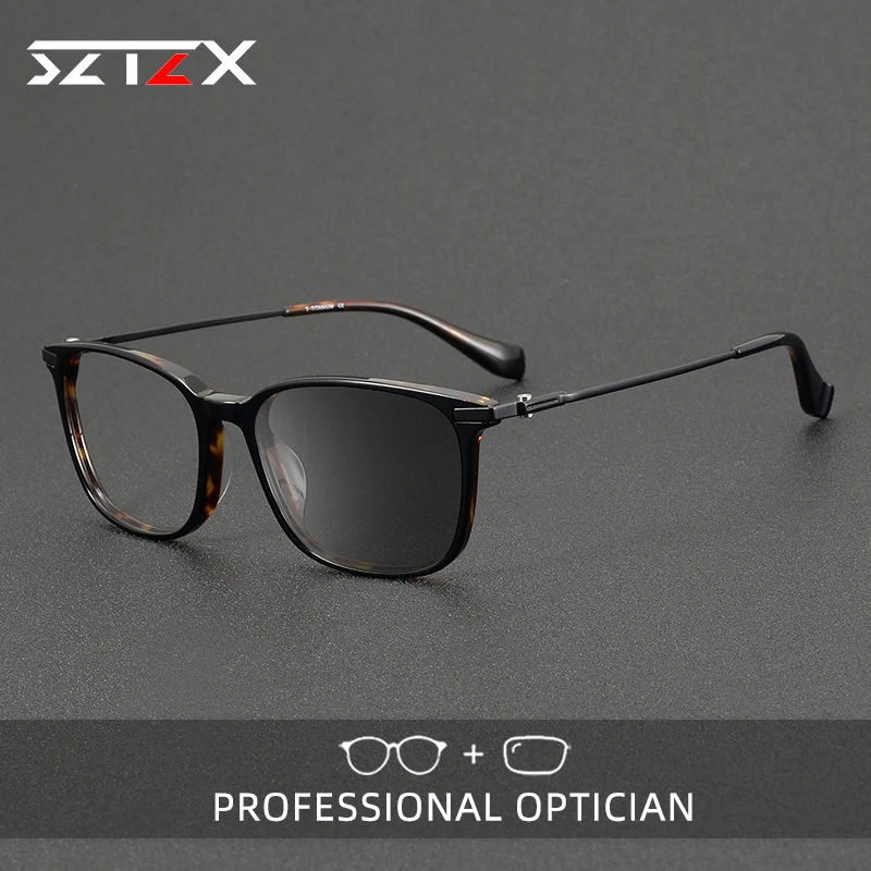 SZTZX Men Women Multifunctional Reading Glasses Pure Titanium Acetate Handmade Glasses Photochromic Prescription Glasses 90008