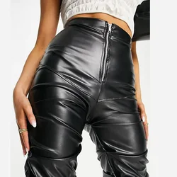 High Waist Pleated PU Leather Pants for Women, Retro Streetwear, Loose Ruched Casual Trousers, Straight Solid Color Black Pants,