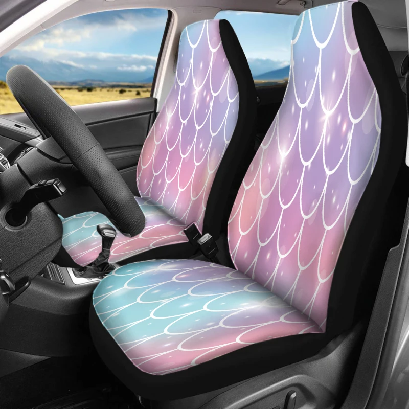 Set Of 2 Front Seat Covers Designed For Cars, Featuring A Mermaid Scale Pattern. These Breathable Vehicle Cushions Do Not Have B
