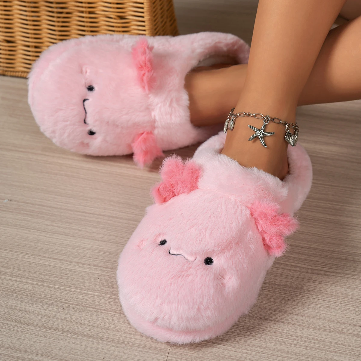 Fashion Pink Axolotl Plush Slippers Women Winter Cute Cartoon 3D Axolotl Fuzzy Warm Non-slip Indoor Bedroom Fluffy Shoes Gift