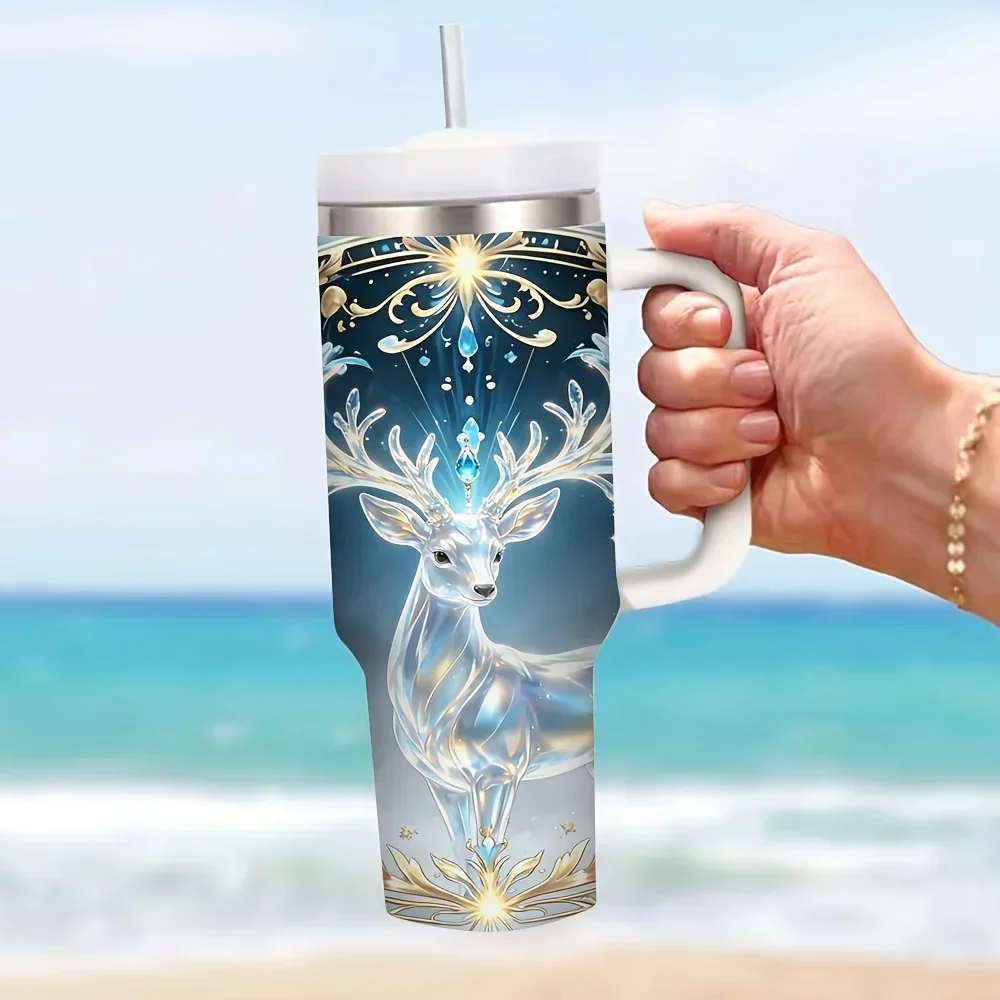 40Oz Insulated Tumbler with Handle, Large Capacity, Elegant Shining Crystal Deer Pattern Print, Suitable for All People, Ideal for Travel Office Outdoor Daily Use, Keeps Your Drinks Hot Or Cold