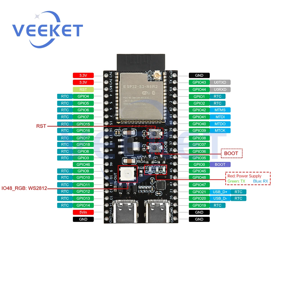 ESP32-S3 WiFi Bluetooth Placa de desarrollo Core ESP32-S3-N16R8/N8R2 Módulo IoT con Base de antena para proyectos de Internet de las cosas