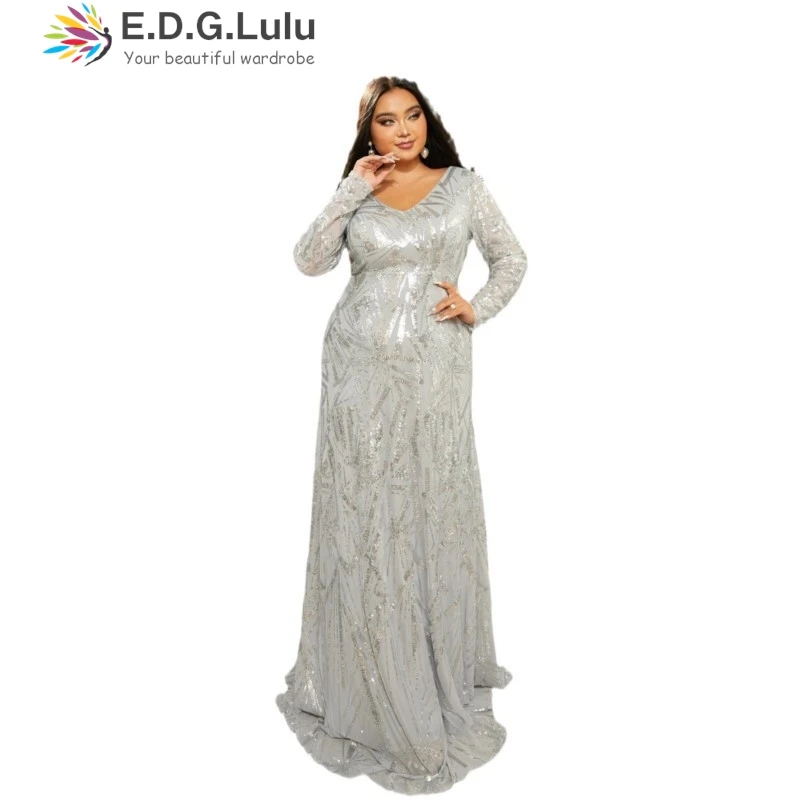 EDGLuLu O Collo a maniche lunghe Plus Size Abbigliamento donna 2xl 3xl Grigio Paillettes Elegante abito da sera Donna Abito lungo a sirena 1118