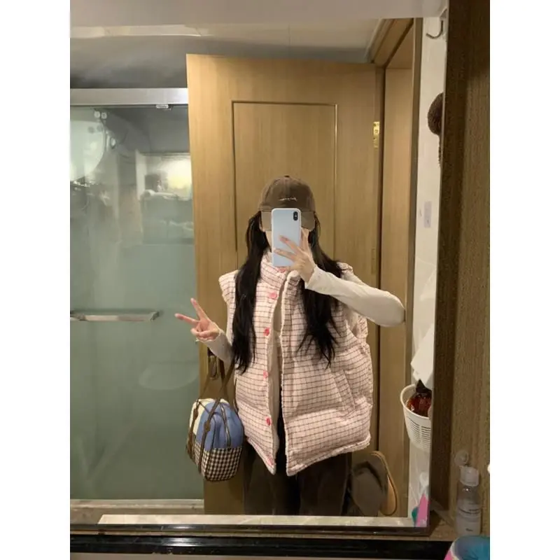 

Женский двусторонний жилет из овечьей шерсти и хлопка в клетку, новинка 2025 года, с флисовой подкладкой, теплый, для повседневной носки, верхняя одежда