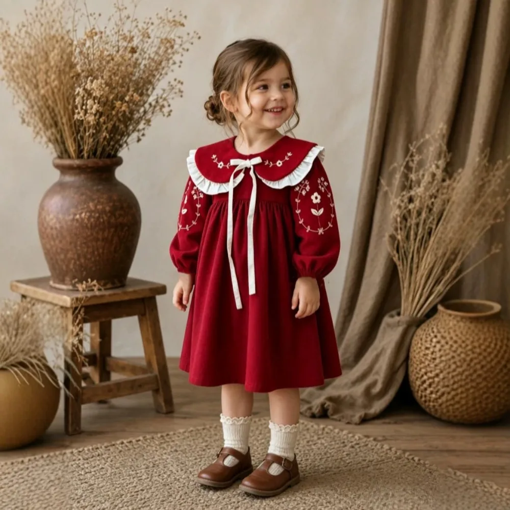 New Autumn Winter Baby Girls Corduroy Long Sleeve Embroidered Princess Dress Romper, Toddler New Year Outfit