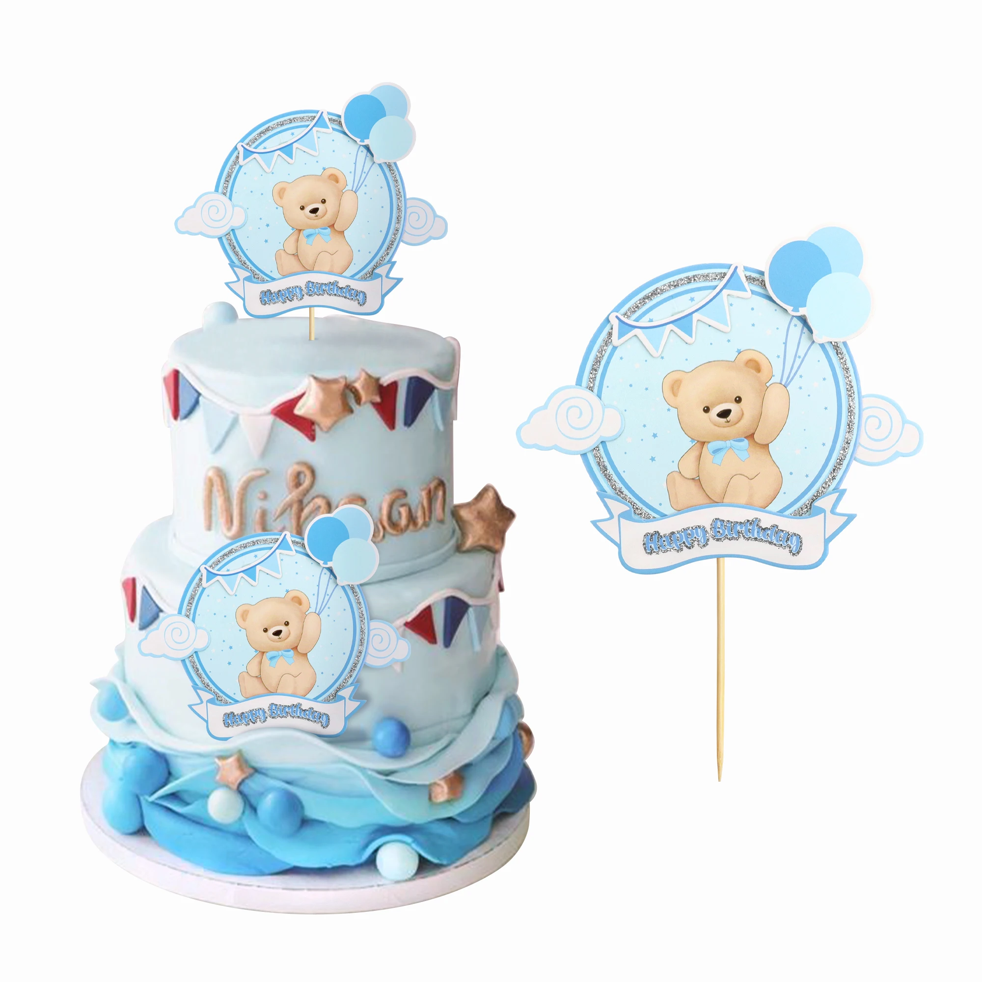 Bear Animal Cake Topper Toppers Balloon Cake Flags Kids Boys Girl Happy Birthday Party Baby Shower Baking Cake Dessert DIY Decor