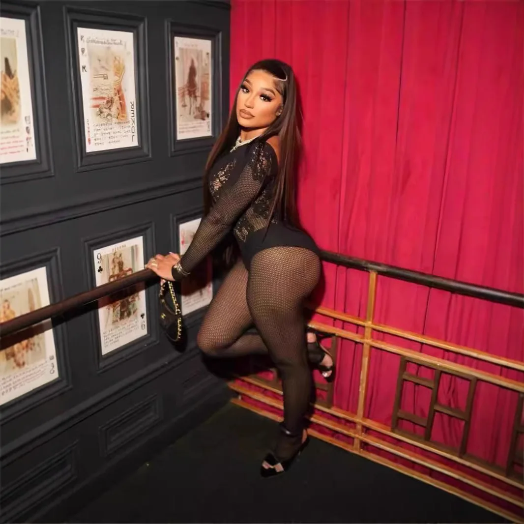 Mono negro transparente de retazos de encaje para mujer, peleles sexys de manga larga con espalda descubierta ajustados de una pieza, ropa para discoteca de medianoche 2025