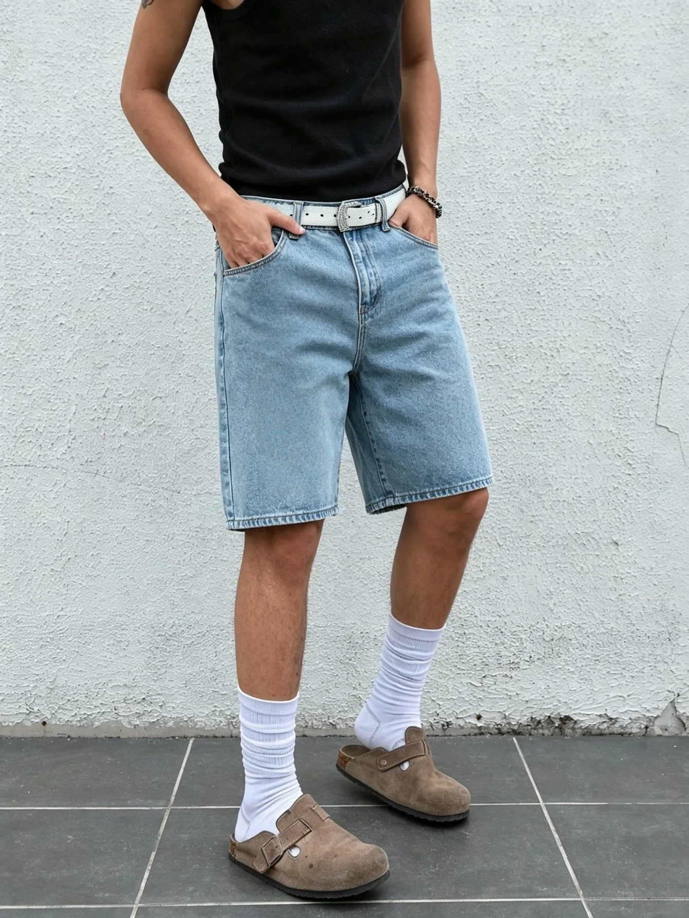 

Outdoor daily blue loose jorts non elastic plain color soft material daily commute casual summer leisure wearing style