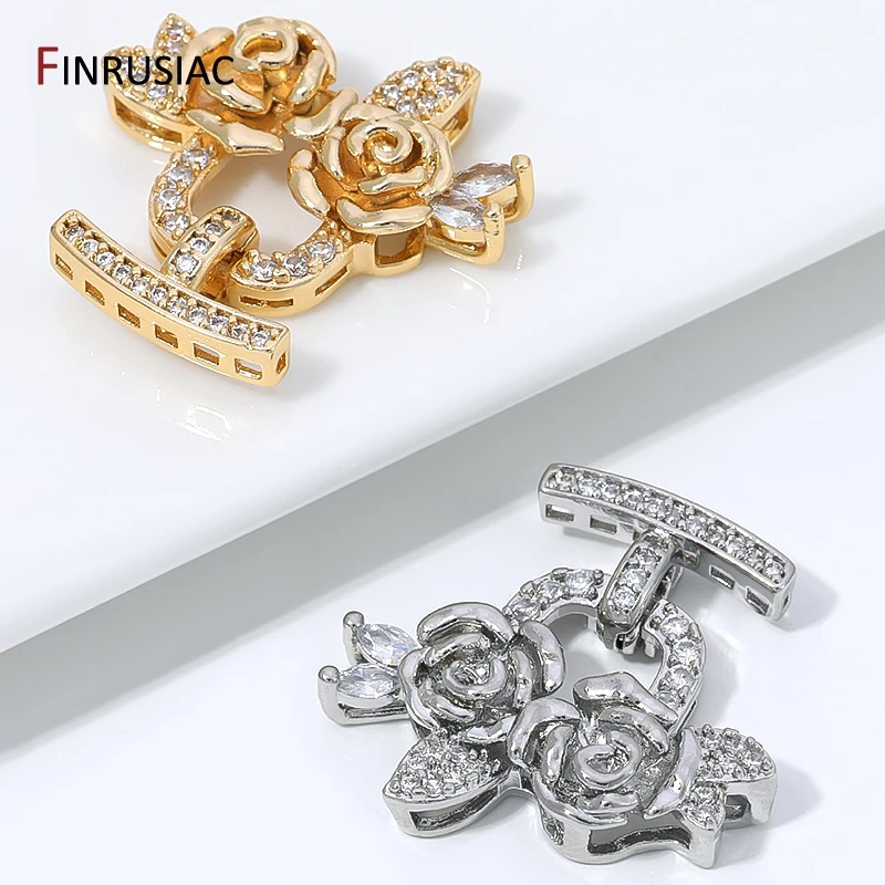 14K Gold Plated Brass Zircon Flower Pearl Clasps,Multi-row Closure Fasteners Lock Clasps For DIY Jewelry Making Accessories - view 5